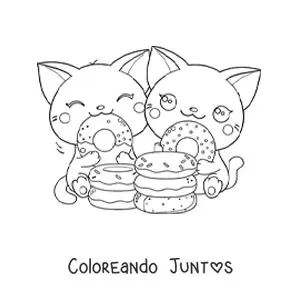 Imagen para colorear de pareja de gatos kawaii comiendo donas