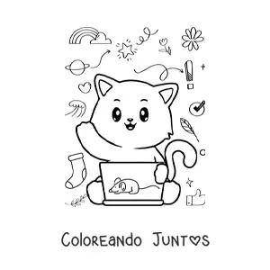 Imagen para colorear de gato kawaii animado usando la computadora