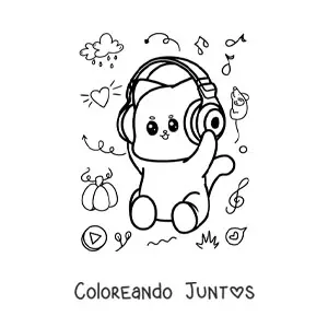 Imagen para colorear de gato kawaii animado escuchando música con audífonos
