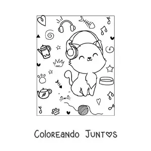 Imagen para colorear de gato kawaii animado sentado con audífonos