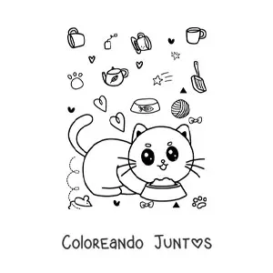 Imagen para colorear de gato kawaii animado comiendo de su plato