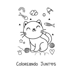 Imagen para colorear de gato kawaii animado feliz