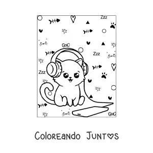 Imagen para colorear de gato kawaii animado escuchando música del teléfono