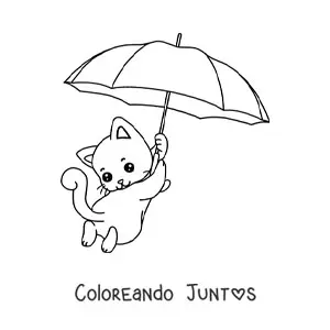 Imagen para colorear de gatito kawaii flotando con una sombrilla