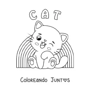 Imagen para colorear de gatito kawaii con arcoíris