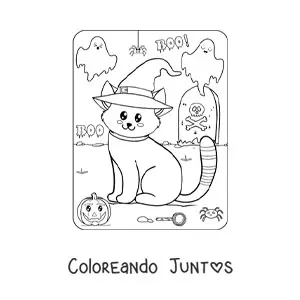 Imagen para colorear de gatito kawaii en Halloween con sombrero de bruja