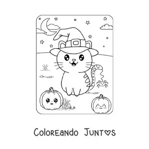 Imagen para colorear de gatito kawaii en Halloween con sombrero de bruja y calabazas
