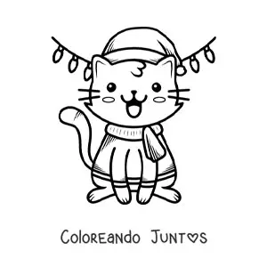 Imagen para colorear de gatito kawaii en Navidad con ropa abrigada