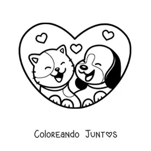 Imagen para colorear de pareja kawaii de un perro y un gato con corazones