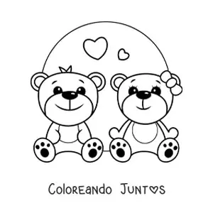 Imagen para colorear de pareja de ositos kawaii con corazones