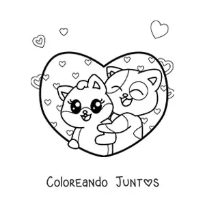 Imagen para colorear de gatos kawaii enamorados