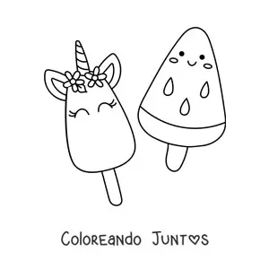 Imagen para colorear de paleta de unicornio kawaii con paleta de sandía kawaii