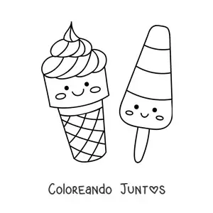 Imagen para colorear de barquilla kawaii y paleta helada kawaii