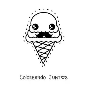 Imagen para colorear de tierno cono de helado kawaii con mostacho