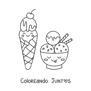 Imagen para colorear de helado de barquilla junto a copa de helado kawaii