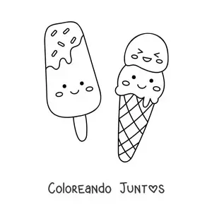 Imagen para colorear de paleta y barquilla kawaii de dos porciones