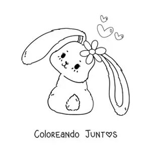 Imagen para colorear de conejito tierno kawaii con una flor y corazones