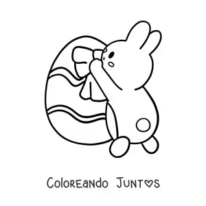 Imagen para colorear de conejito de Pascua kawaii decorando un huevo