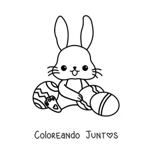 Imagen para colorear de conejito kawaii sentado con huevos de Pascua