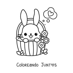 Imagen para colorear de conejito kawaii en una canasta de flores