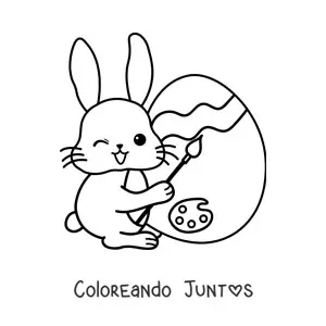 Imagen para colorear de conejito kawaii pintando un huevo de Pascua