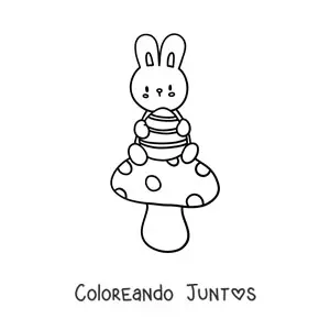 Imagen para colorear de conejo kawaii sentado en un hongo con un huevo de Pascua