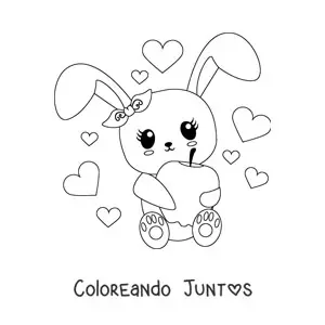 Imagen para colorear de conejo kawaii animado sentado con una manzana y corazones de fondo