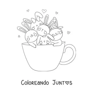 Imagen para colorear de conejos kawaii animados en una taza