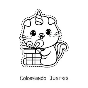 Imagen para colorear de gaticornio kawaii con un regalo de cumpleaños