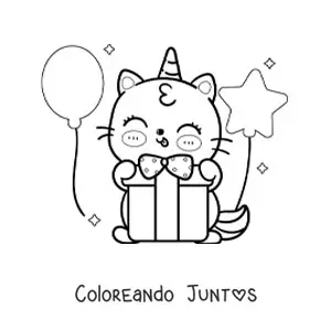 Gaticornio kawaii abriendo un regalo de cumpleaños