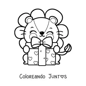 Imagen para colorear de león kawaii animado con un regalo de cumpleaños