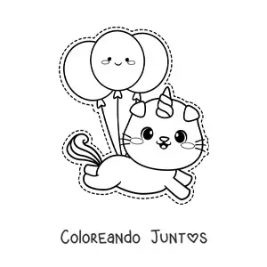 Imagen para colorear de gaticornio kawaii flotando con globos de cumpleaños