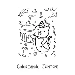 Imagen para colorear de gato cumpleañero kawaii con un cupcake en una fiesta