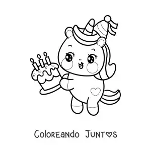 Imagen para colorear de unicornio cumpleañero kawaii con una torta de cumpleaños