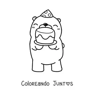 Imagen para colorear de oso kawaii de cumpleaños con una tarta y un gorro