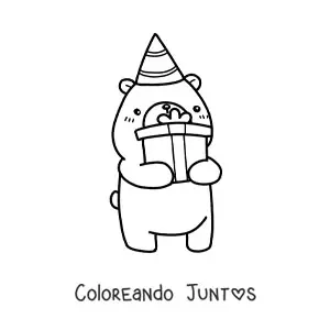 Imagen para colorear de oso kawaii de cumpleaños con un regalo y un gorro