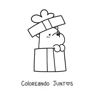 Imagen para colorear de oso kawaii de cumpleaños saliendo de una caja de regalo