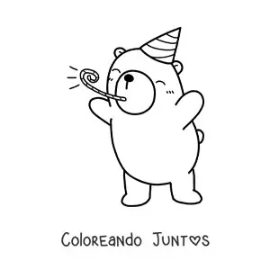 Imagen para colorear de oso kawaii de cumpleaños celebrando con gorro de fiesta y silbato