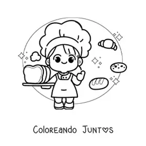 Imagen para colorear de panadera kawaii con un croissant y otros panes
