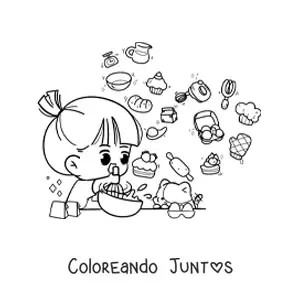 Imagen para colorear de chica kawaii cocinando pan con ingredientes