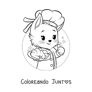 Imagen para colorear de perrito panadero kawaii estilo anime con un croissant