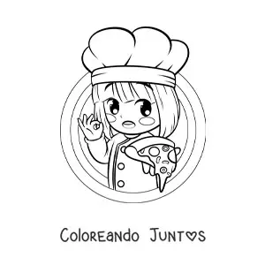 Imagen para colorear de niña cocinera kawaii con pizza