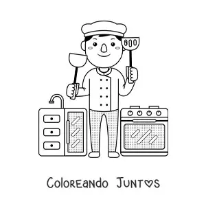 Imagen para colorear de cocinero kawaii animado en la cocina