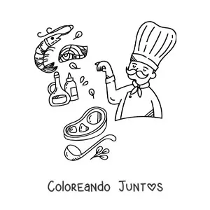 Imagen para colorear de chef cocinando carne con ingredientes