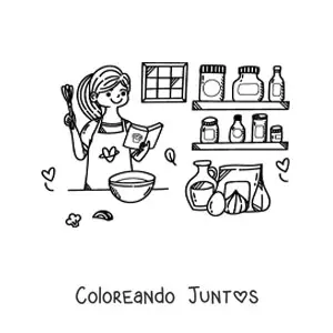 Imagen para colorear de chica cocinando una sopa en la cocina con libro de recetas