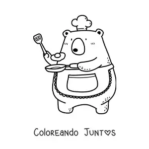 Imagen para colorear de oso cocinero kawaii animado friendo un huevo