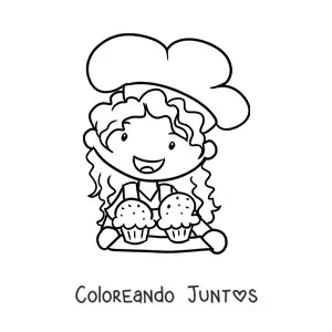 Imagen para colorear de niña cocinera kawaii con bandeja de cupcakes