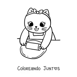 Imagen para colorear de gata cocinera animada kawaii estirando una masa con un rodillo