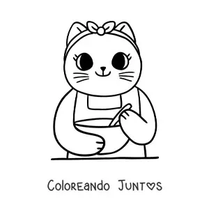 Imagen para colorear de gata cocinera animada kawaii cocinando