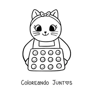 Imagen para colorear de gata cocinera animada kawaii horneando cupcakes
